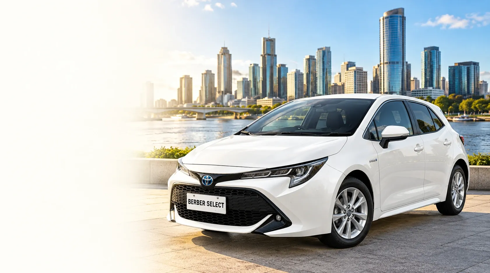 Illustration of a white Toyota Corolla hybrid with the Brisbane skyline